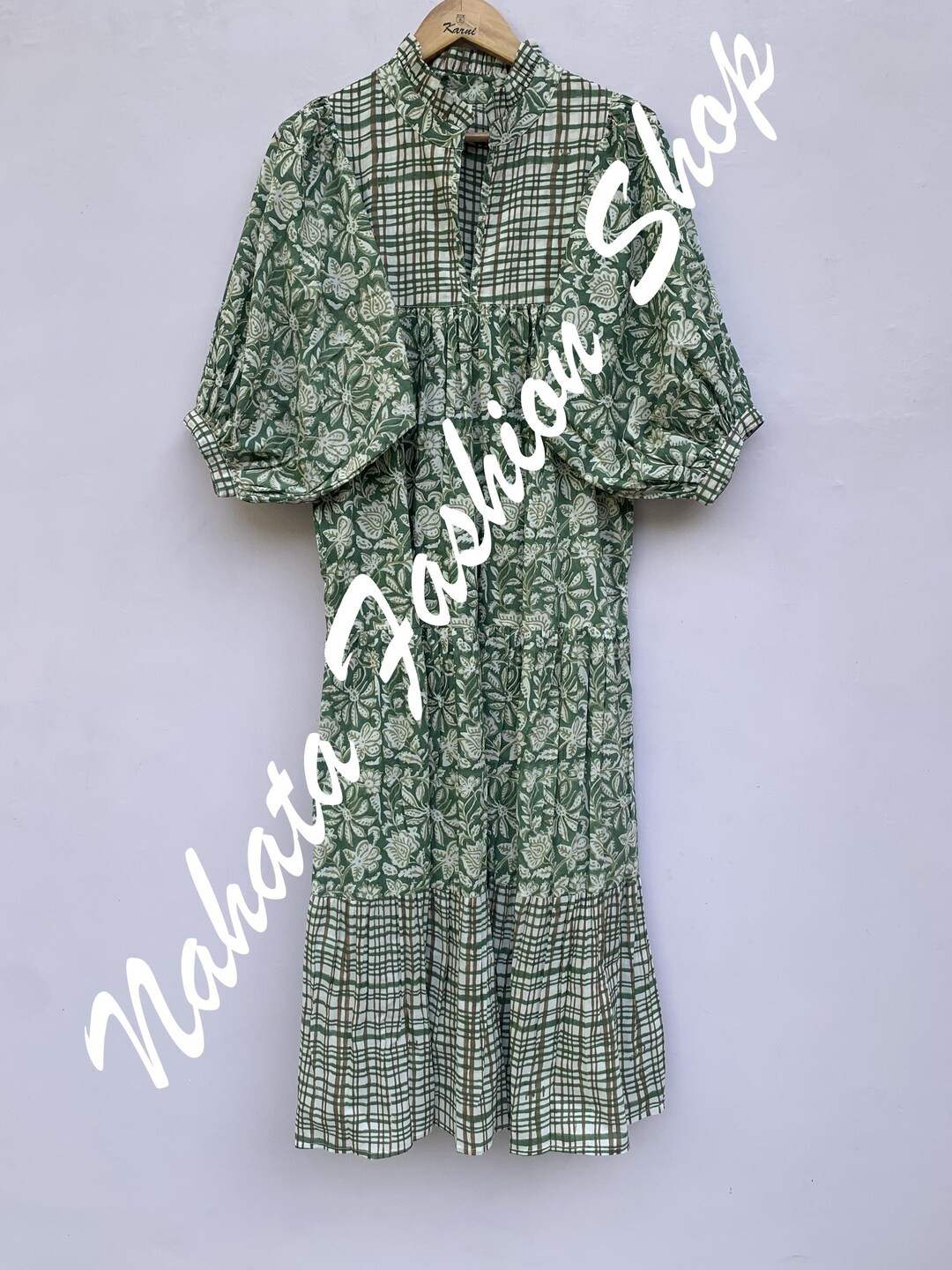 Cotton Olive Green Hand Block Printed Floral Maxi Dress Frill Neckline Bohemian Long Dress - Etsy | Etsy (US)