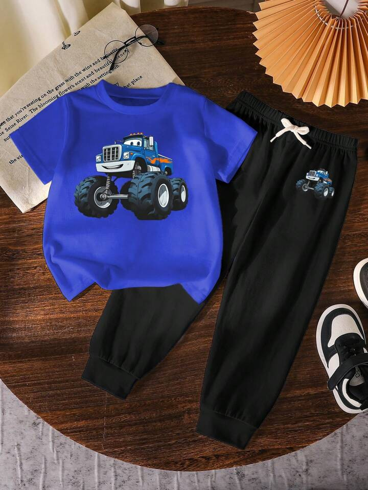 Cartoon Car Print Short Sleeve T-Shirt And Shorts 2 Pieces Set For Young Boys | SHEIN