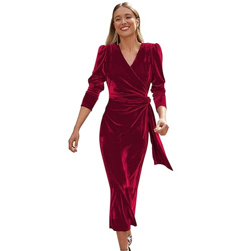 Velvet Long Sleeve Wrap V Neck Midi Dress - Elegant Red Velvet Formal Dress for Women - Perfect for Holidays, Christmas Parties, and Weddings | Amazon (US)
