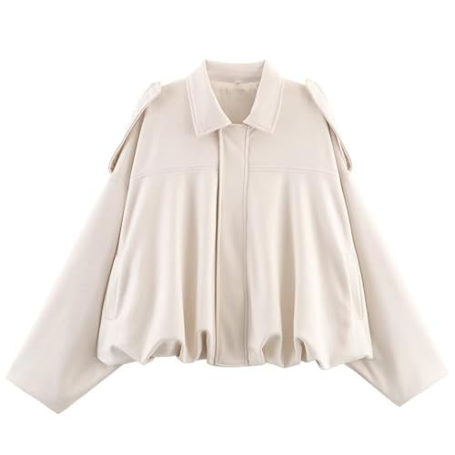 Tearsand Women's Cropped Bomber Jackets Zip Up Long Sleeves Oversized Coat with Pocket Outwear(White,M) | Amazon (US)