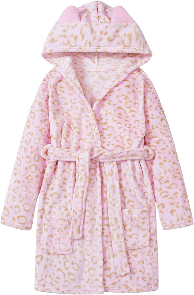 Topgal Leopard Cat Robe for Girls Fleece Toddler Kids Teen Hooded Bathrobe Size 4T-18 | Amazon (US)