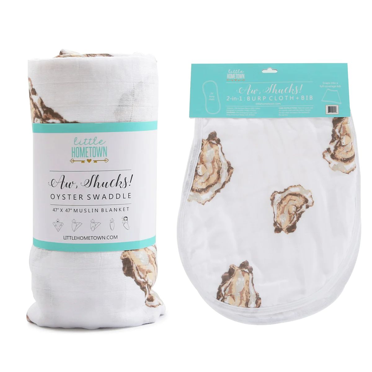 Gift Set: Aw Shucks! Oyster Baby Muslin Swaddle Blanket and Burp Cloth/Bib Combo | Little Hometown