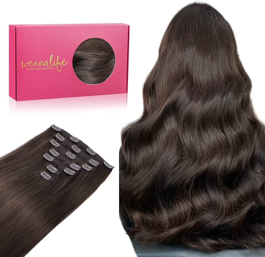 WENNALIFE Clip in Hair Extensions Real Human Hair, 22 Inch 120g 7pcs Light Dark Brown Hair Extens... | Amazon (US)