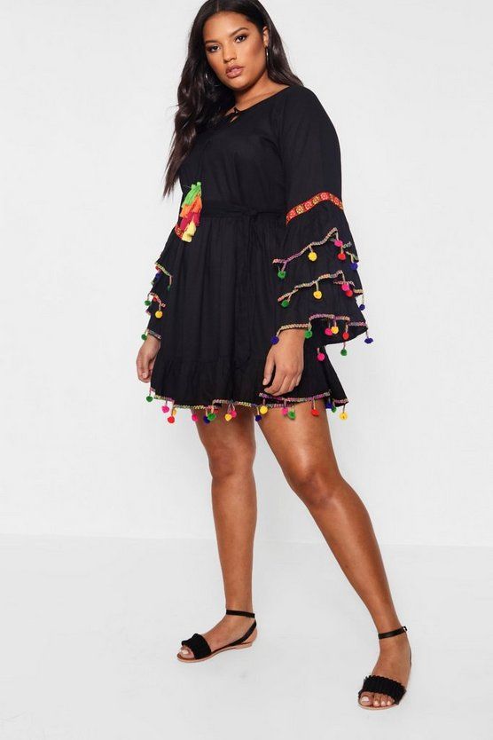 Plus Tassel Trim Flare Sleeve Beach Dress | Boohoo.com (US & CA)