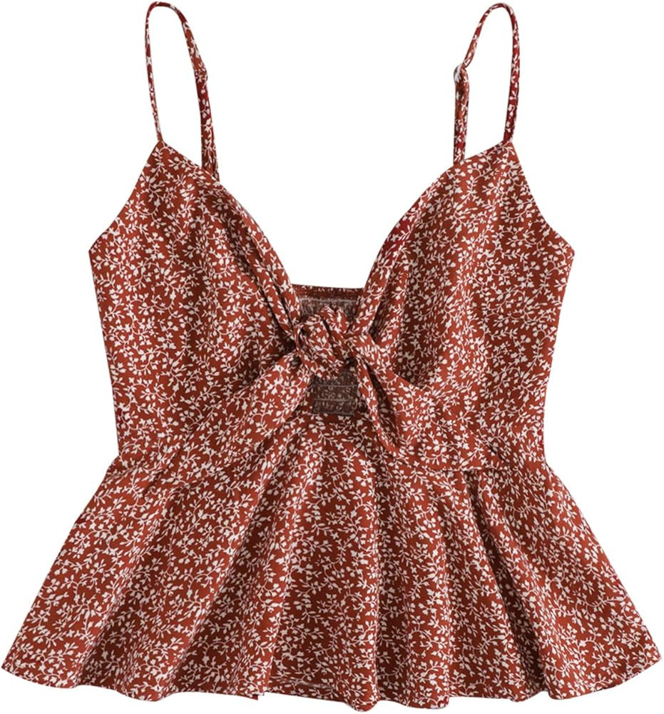 SheIn Women's Floral Smocked Peplum Crop Top Ruffle Boho Tie Front Sleeveless V Neck Shirred Cami | Amazon (US)