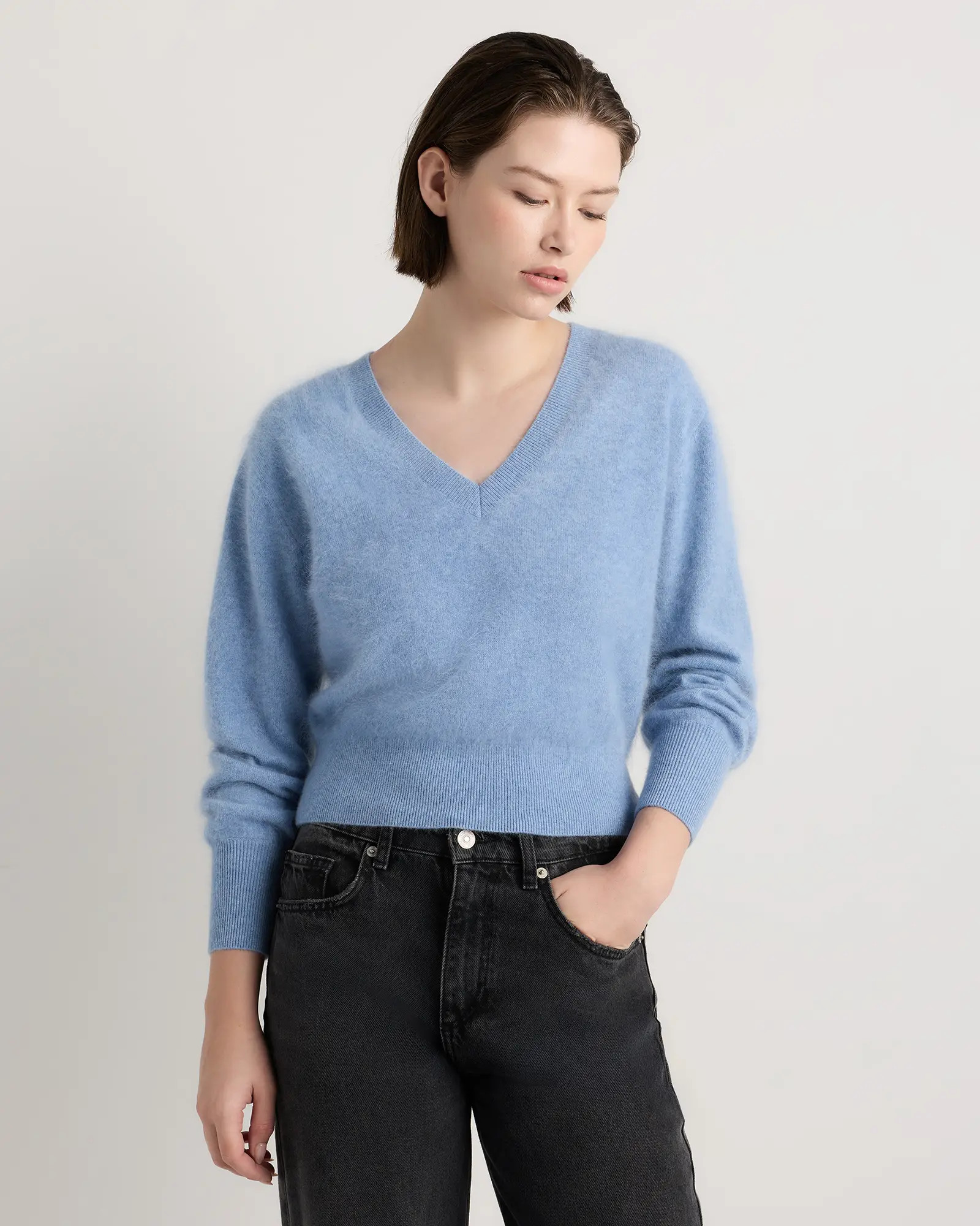 Brushed Cashmere Shrunken V-Neck Sweater | Quince