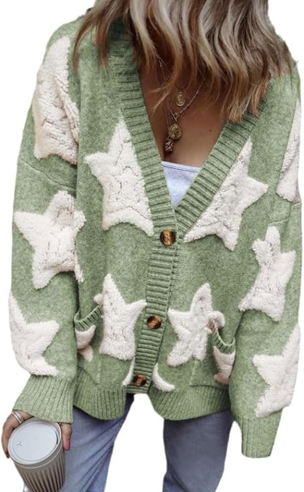 CHARTOU Women Sherpa Star Open Front Cardigan Sweaters Fall Winter Jumper Cute Top Button Down Kn... | Amazon (US)