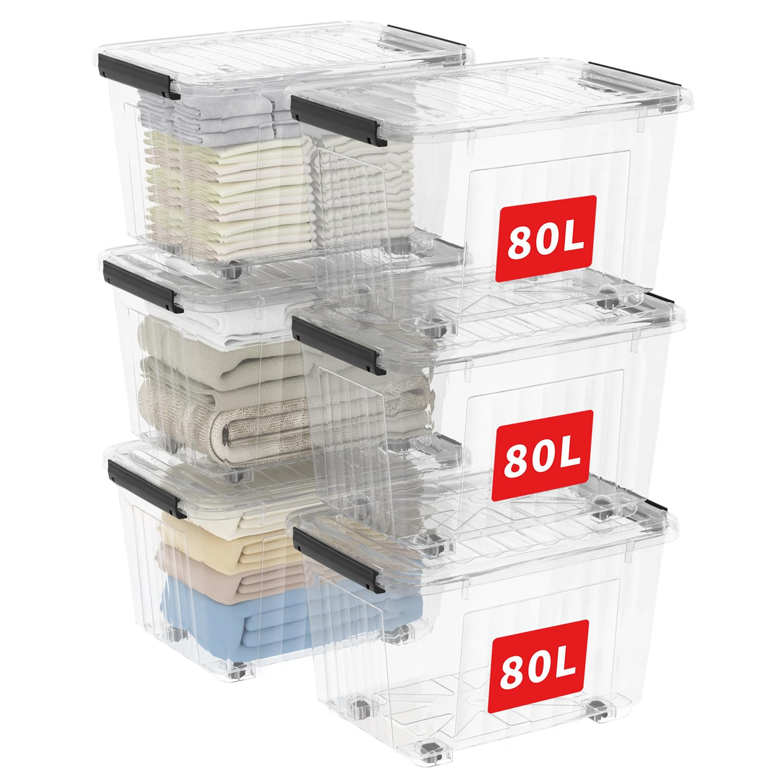 80L*6 Storage Boxes with Wheels, Plastic Storage Box with Lid, Latching Buckles, Click Closure, S... | Amazon (US)