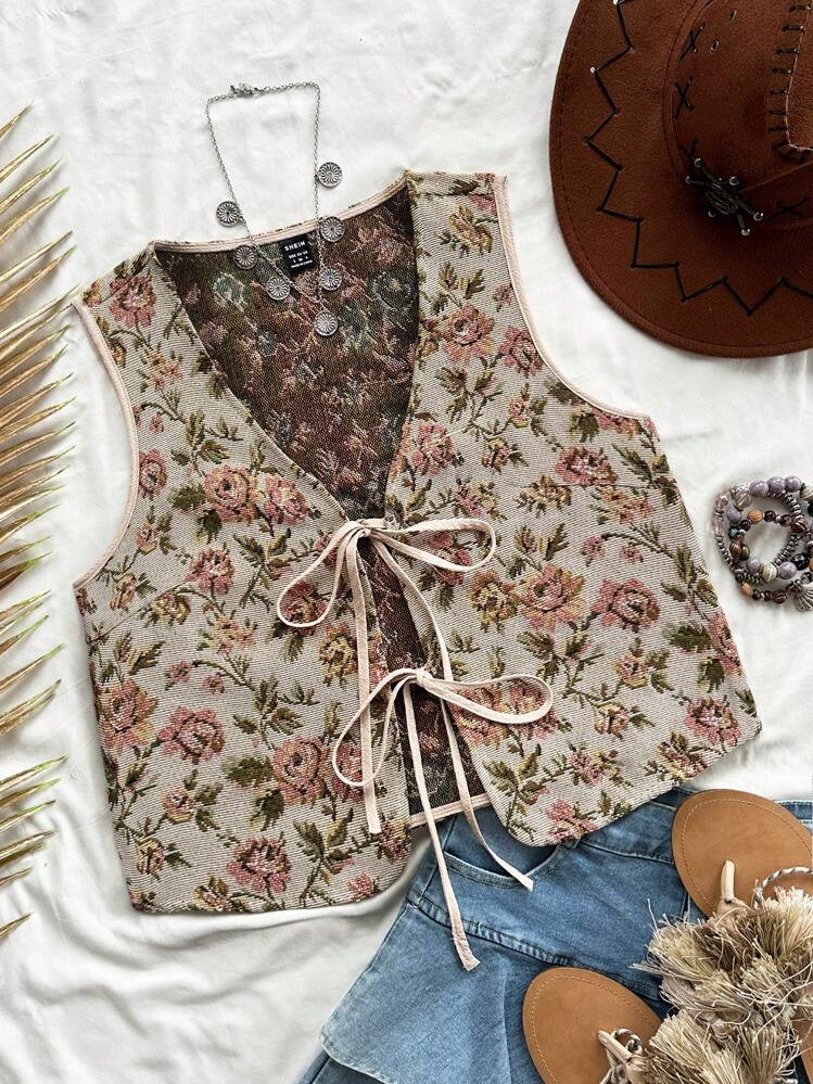 SHEIN WYWH Women's Holiday Tie-Front Textured Floral Print Blouse, Fashionable For Fall And Winte... | SHEIN