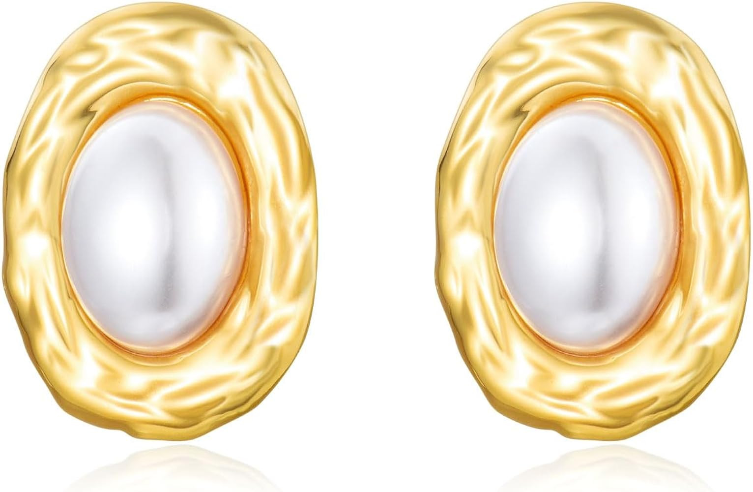 CERSLIMO Gold Pearl Earrings - Hypoallergenic Titanium Chunky Earrings, Oval/Heart Studs for Dail... | Amazon (UK)