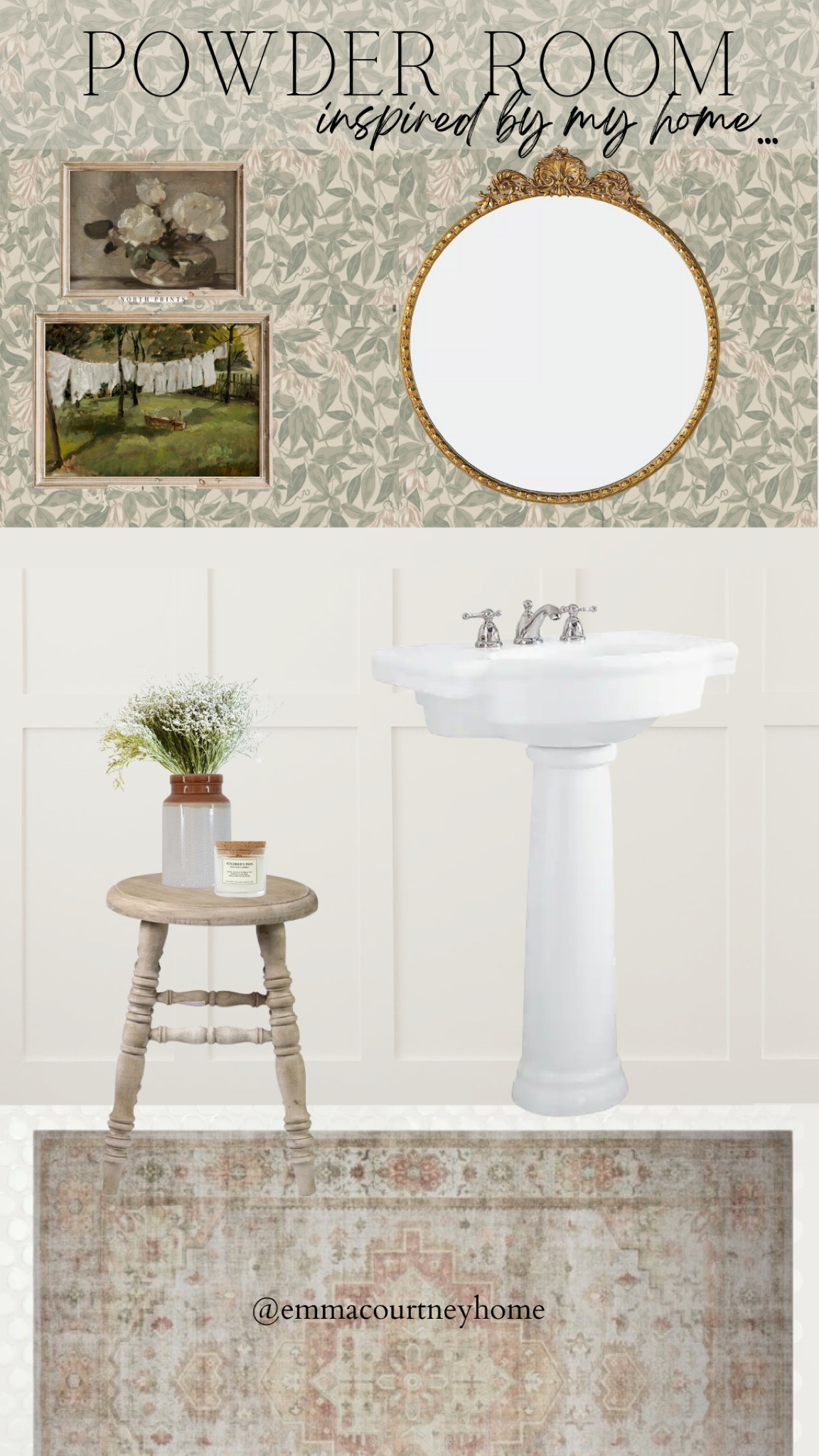 Powder room with floral vine wallpaper. Inspired by my powder room. Board and batten. Mood board. Bathroom  

#LTKstyletip #LTKFind #LTKhome