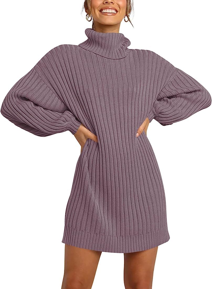 LOGENE Women's Sweater Dress Turtleneck Long Balloon Sleeve Ribbed Knit Oversized Pullover Dresses | Amazon (US)