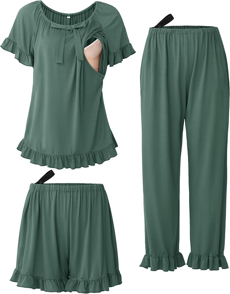 SUNNYBUY 3Pcs Ruffle Trim Postpartum Nursing Pajamas Set with Bowknot, Maternity Breastfeeding PJ... | Amazon (US)
