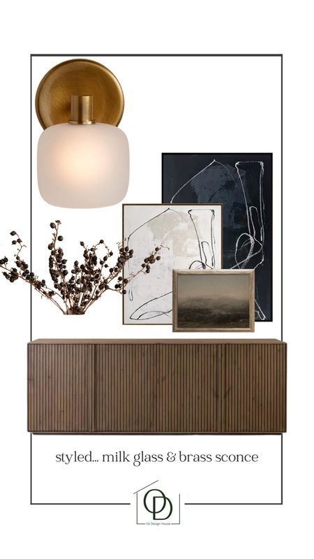 Styled... a brass and milk glass sconce, paired with the new mcgee and co fluted wood sideboard, textured black and white wall art, a vintage landscape print, and dried berry stems  

#LTKstyletip #LTKhome #LTKfindsunder50