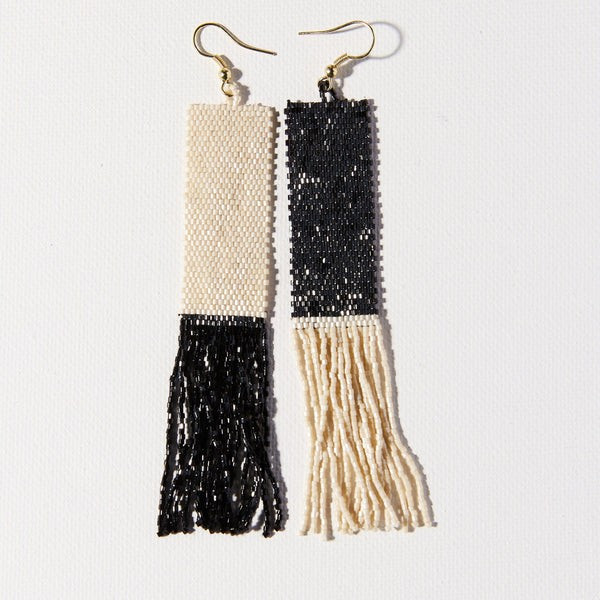 BLACK IVORY MIRROR IMAGE LONG FRINGE EARRINGS | INK+ALLOY