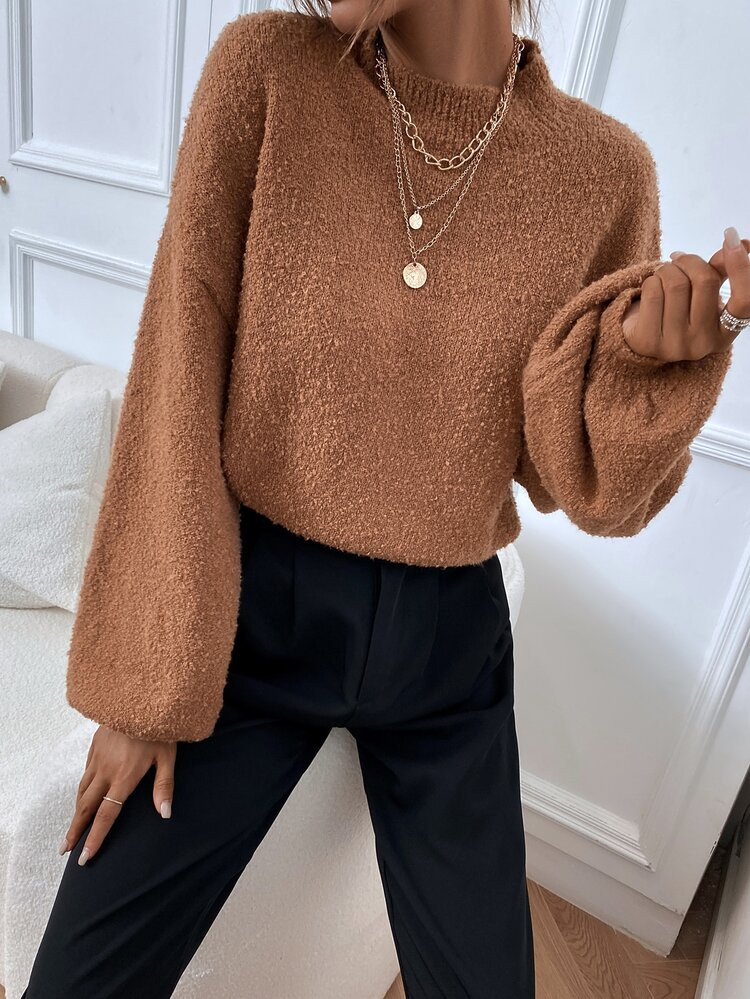 Solid Mock Neck Bishop Sleeve Sweater | SHEIN