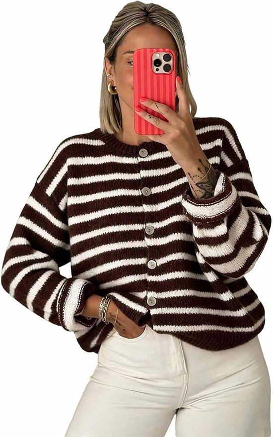 Milumia Women's Striped Button Up Cardigan Sweater Y2k Fall Long Sleeve Crewneck Oversized Sweate... | Amazon (US)