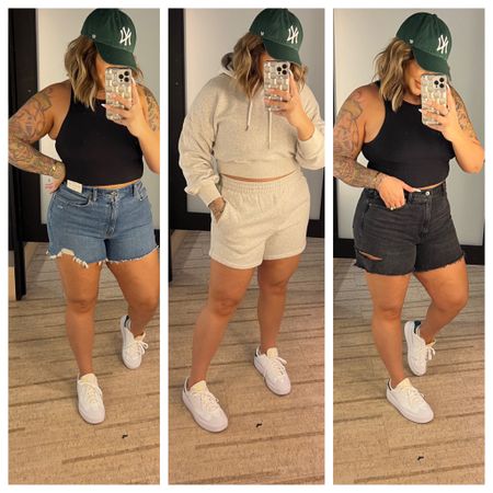 Tank XL D/DD
Shorts Left 32/14 
Middle outfit shorts L , Top M 
Right outfit tank xl d/dd shorts 32/14 
Sneakers size up if between sizes 


#LTKstyletip #LTKunder100 #LTKSale