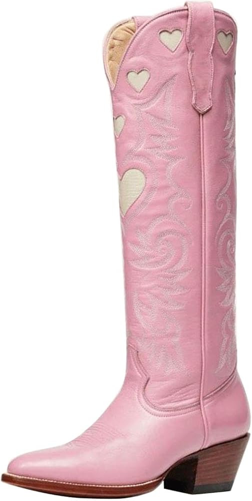Huntarry Heart Boots for Women Red Cowboy Boots Embroidered Inlay Heart Knee High Round Toe Boots... | Amazon (US)
