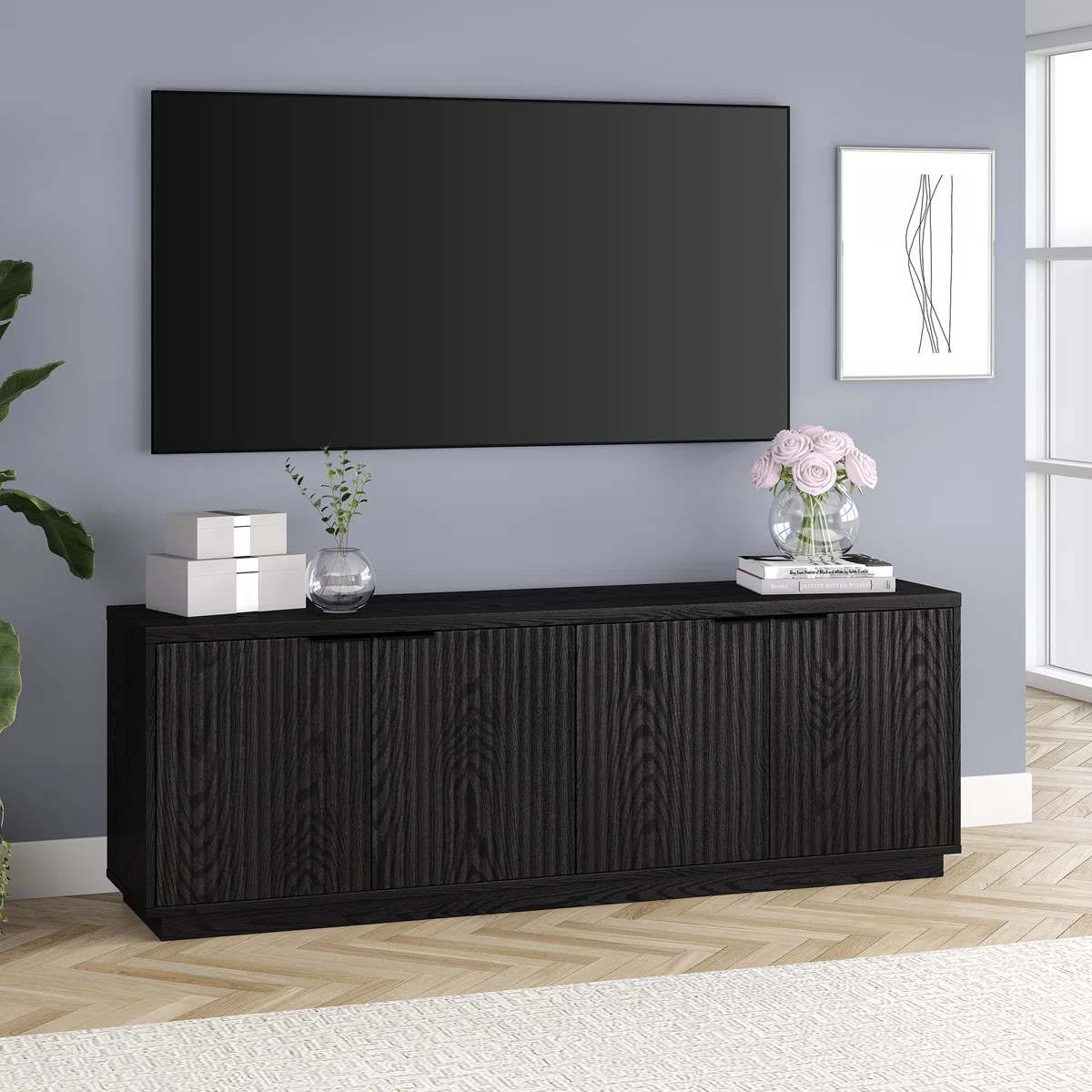 70" TV Stand for TVs up to 78" with Fluted Doors, Storage & Cable Management — Black Grain Mid-... | Wayfair North America