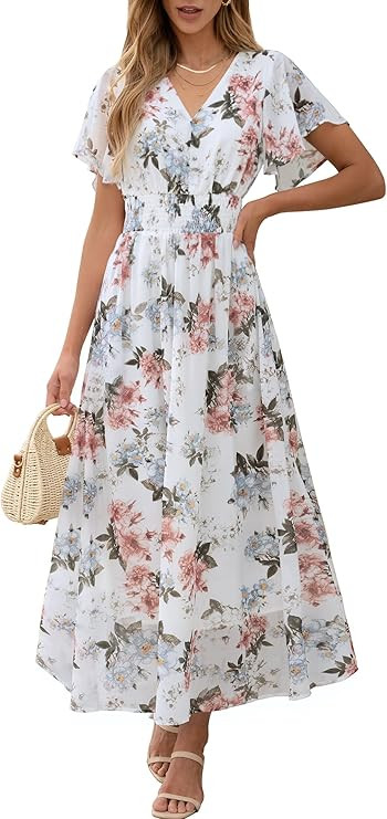 ANRABESS Womens Summer Floral Maxi Dress Casual V Neck Short Sleeve Chiffon Boho Flowy Beach 2025... | Amazon (US)