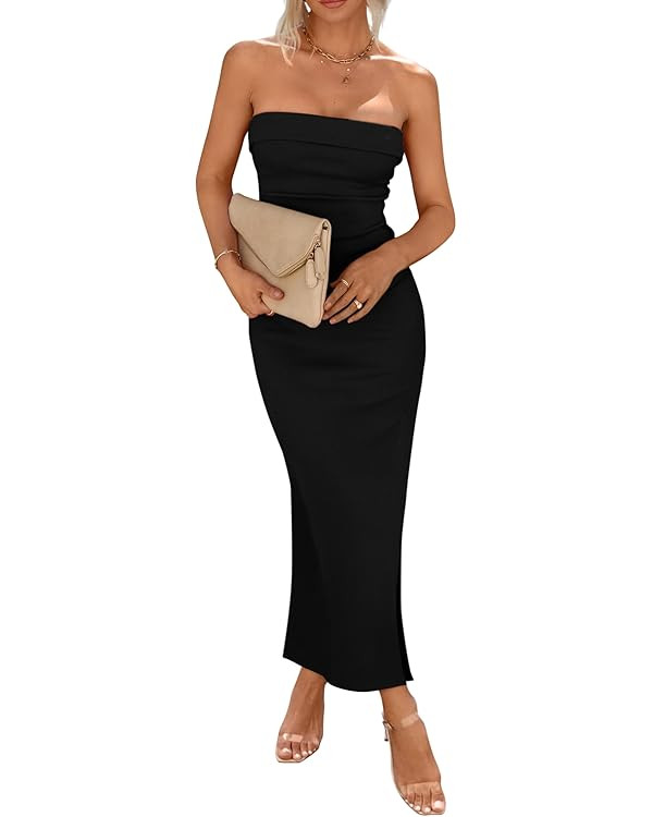 PRETTYGARDEN Women's Summer Bodycon Maxi Tube Dress Ribbed Strapless Side Slit Long Going Out Cas... | Amazon (US)