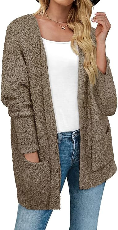 Women’s Popcorn Fuzzy Knit Cardigan Open Front Long Sweaters for Fall Winter | Amazon (US)