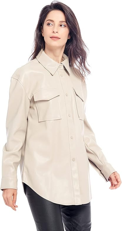 Women Faux Leather Shirt Soft Snap Button Down Shacket with Pocket, Regular and Plus Size | Amazon (US)