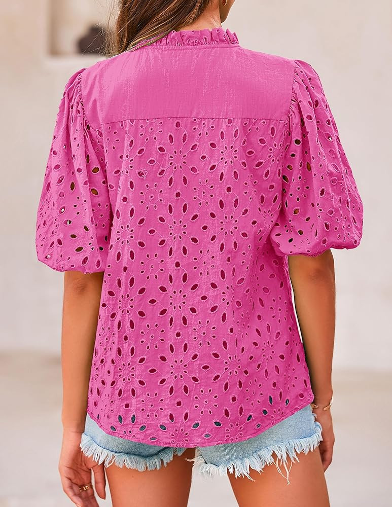 PRETTYGARDEN Women's Summer Tops 2025 Dressy Casual Short Sleeve V Neck Buttons Hollow Out Lace E... | Amazon (US)