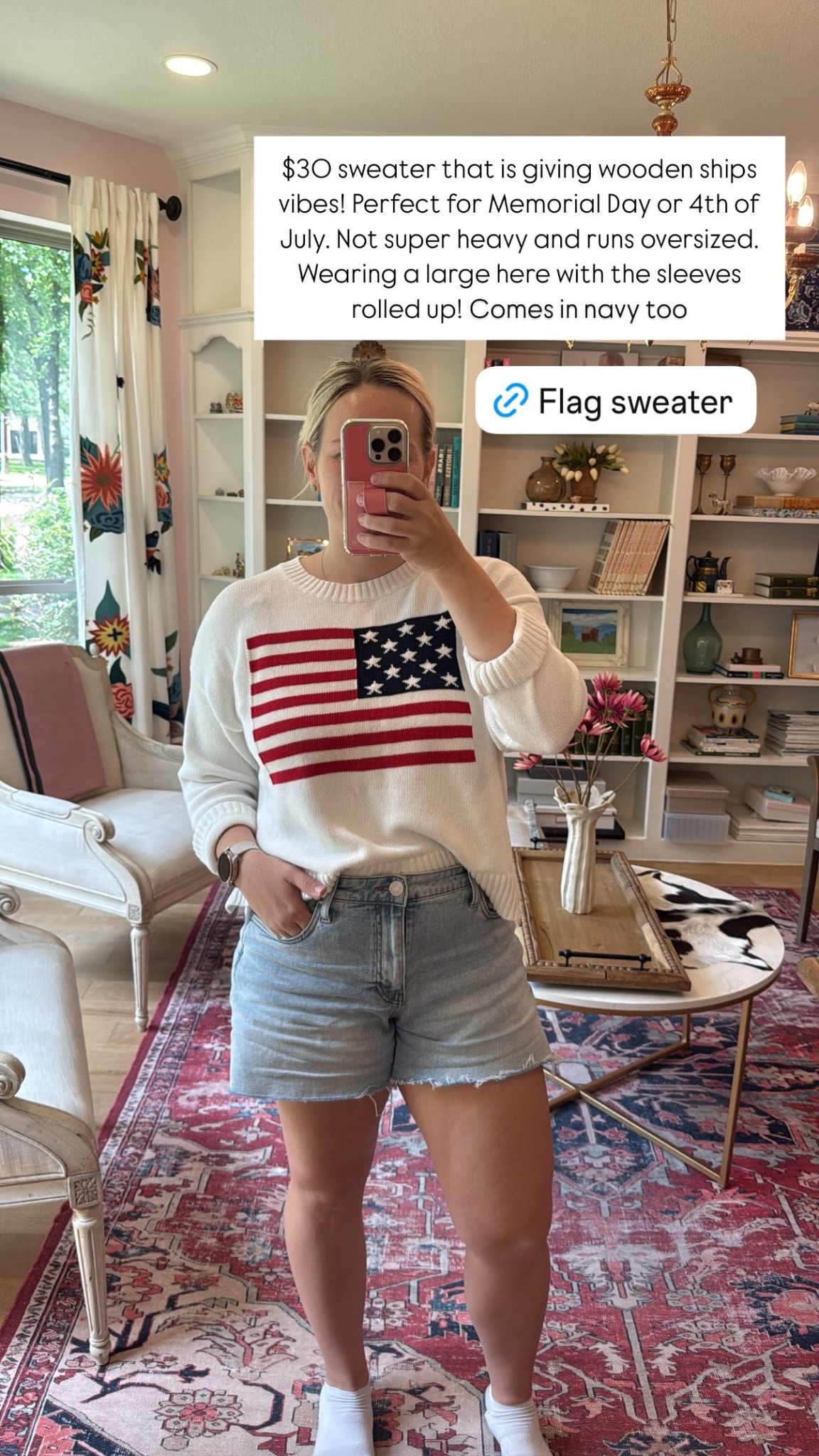 Flag sweater on sale for $30! Oversized, light weight, feels expensive. Perfect for Memorial Day and Fourth of July! 

Denim shorts, jean shorts, mom shorts

#LTKFindsUnder50 #LTKMidsize #LTKSaleAlert
