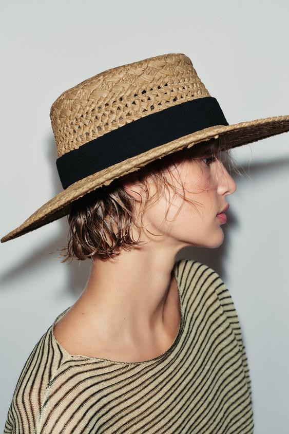 Zara - Woven Hat With Contrasting Ribbon - Light Beige - S - Woman | Zara US