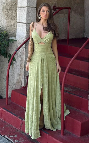 Marisse Maxi Dress - Cut Out Front Split Cross Back Textured Dress in Celery | Showpo (US, UK & Europe)