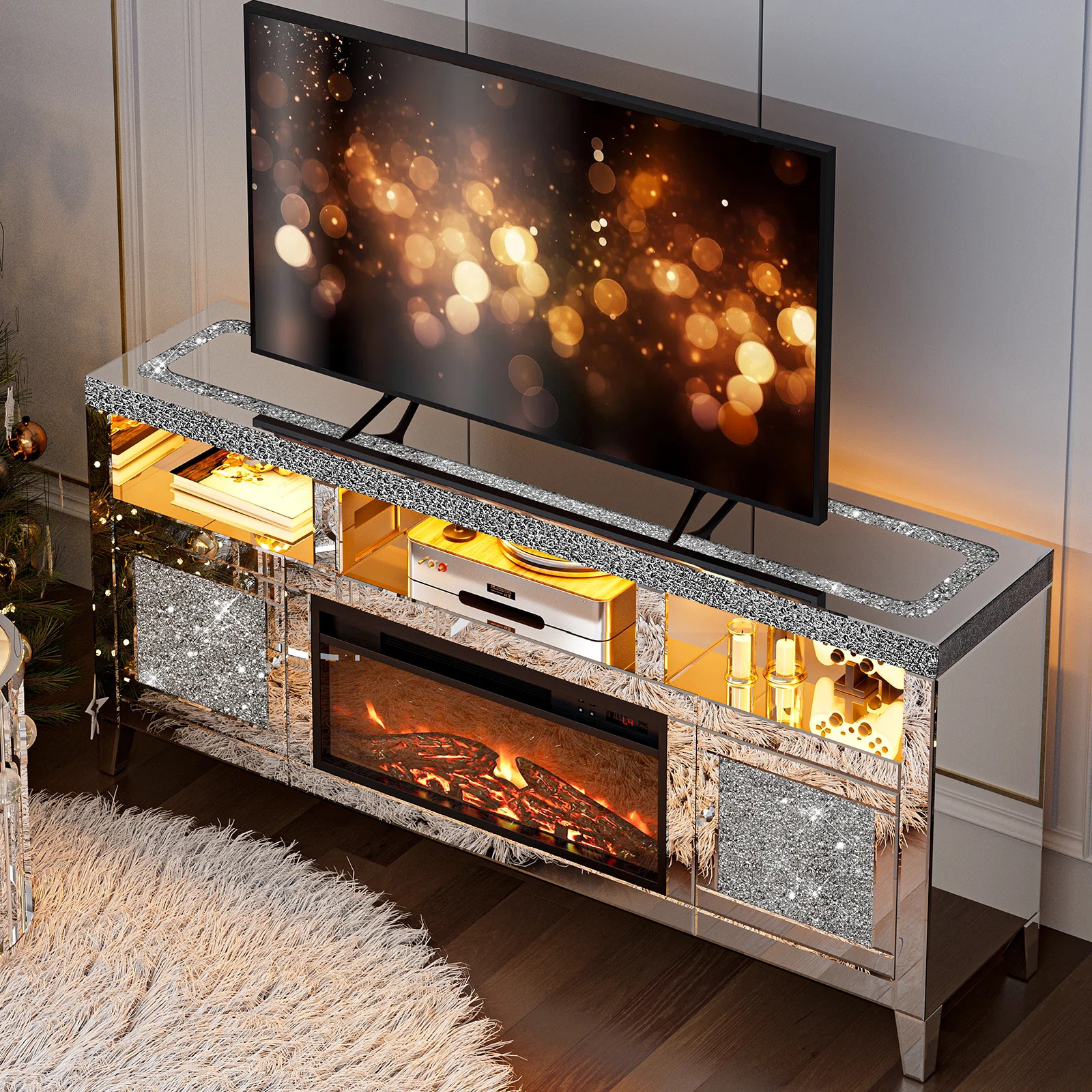 Mirrored Fireplace Tv Stand For 65+ Inch Tv, Silver Tv Console Table With Crushed Diamond And Led... | Wayfair North America