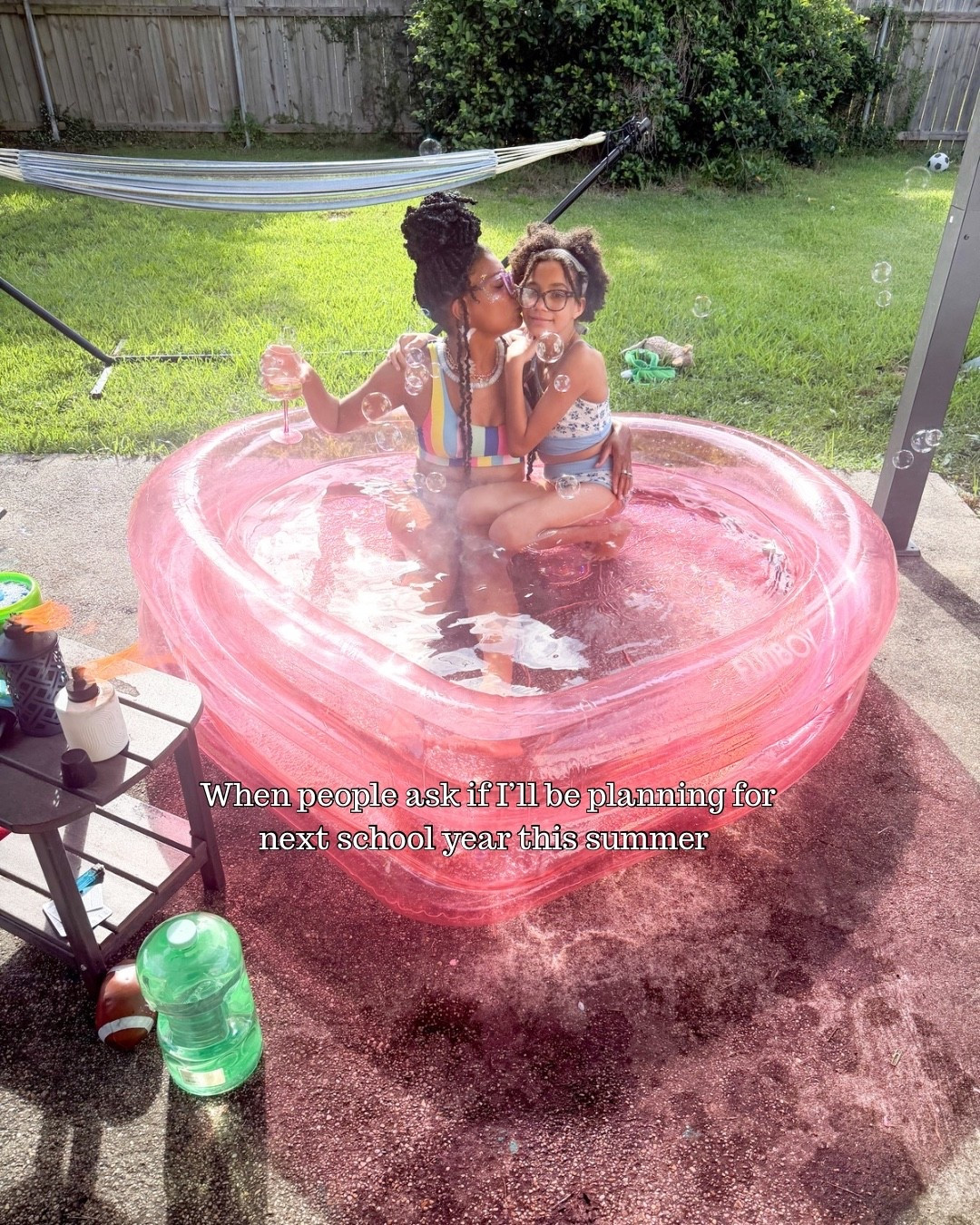 Pink heart pool +
End table patio +
Bubble machine +
Citronella holders + 
Swim suits

#LTKSwim #LTKOver40 #LTKmomlife