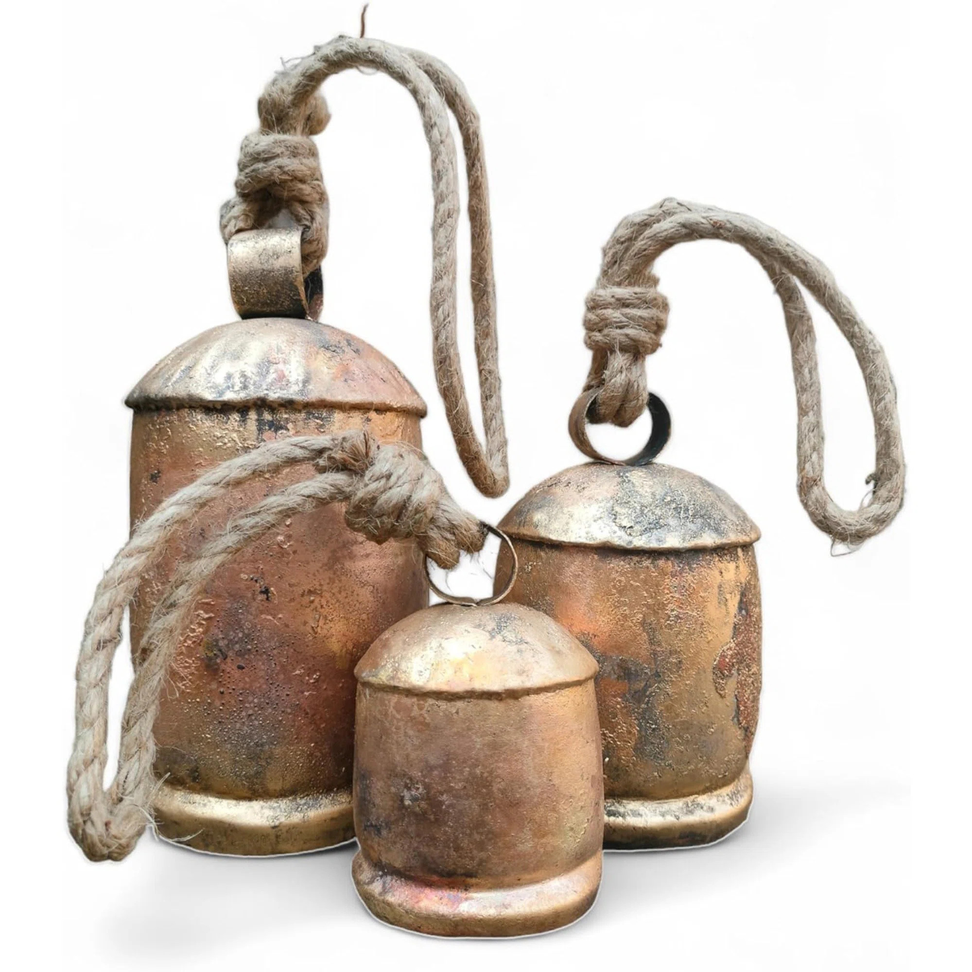 Rustic Brass Metal Christmas Bells Set Of 3 Antique Wall Hanging Decor | Wayfair North America