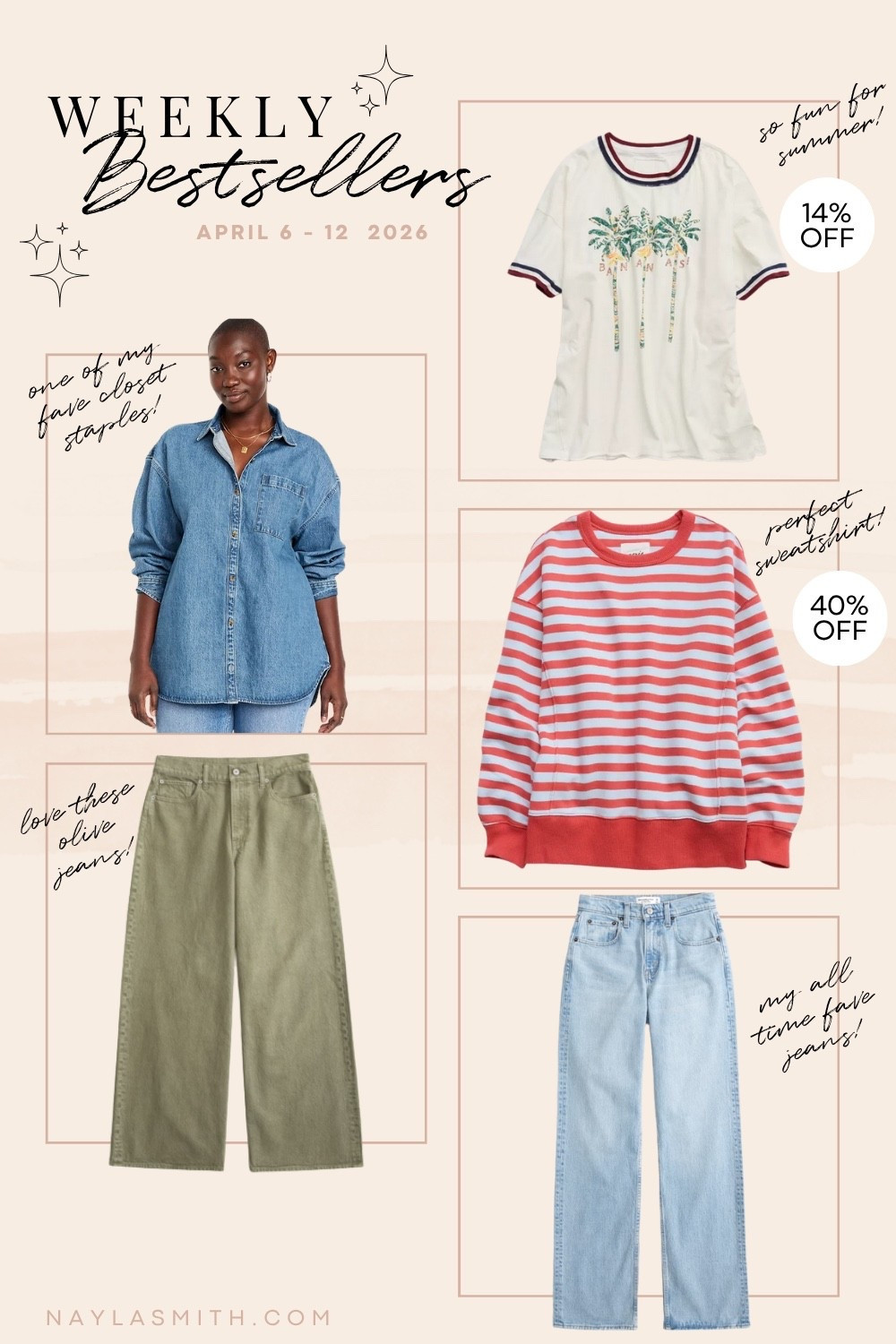 Weekly bestsellers! Olive green wide leg jeans (I wear 32), my fave denim shirt (I wear L, Canadian link under similar products), summer graphic tee (I wear L), striped sweatshirt (runs big, I wear M), my all time fave relaxed jeans (I wear 32)

#LTKstyletip #LTKmidsize #LTKsale