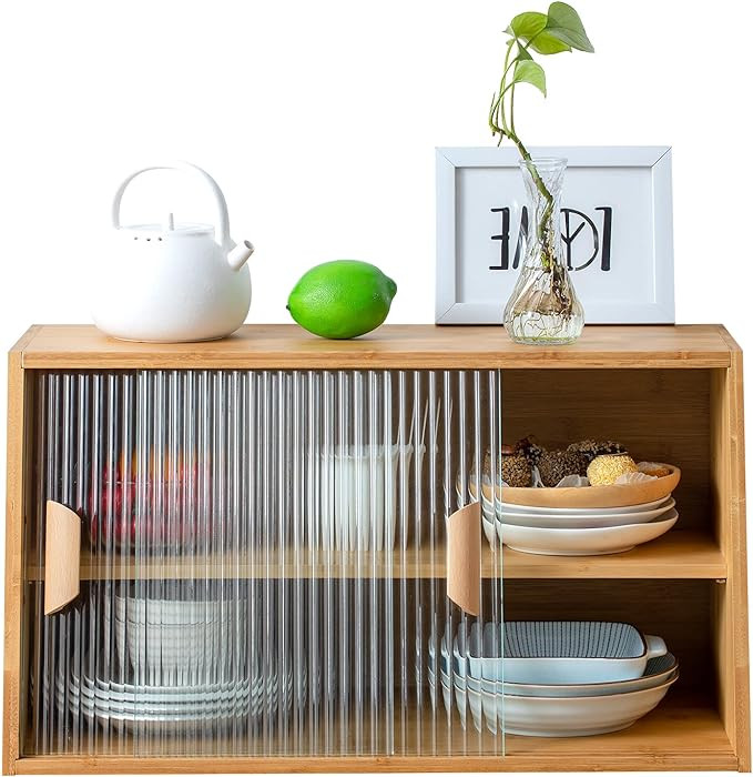 HollyHOME Small Bamboo Kitchen Pantry Sideboard with 2 Sliding Striped Glass Doors, Freestanding ... | Amazon (US)