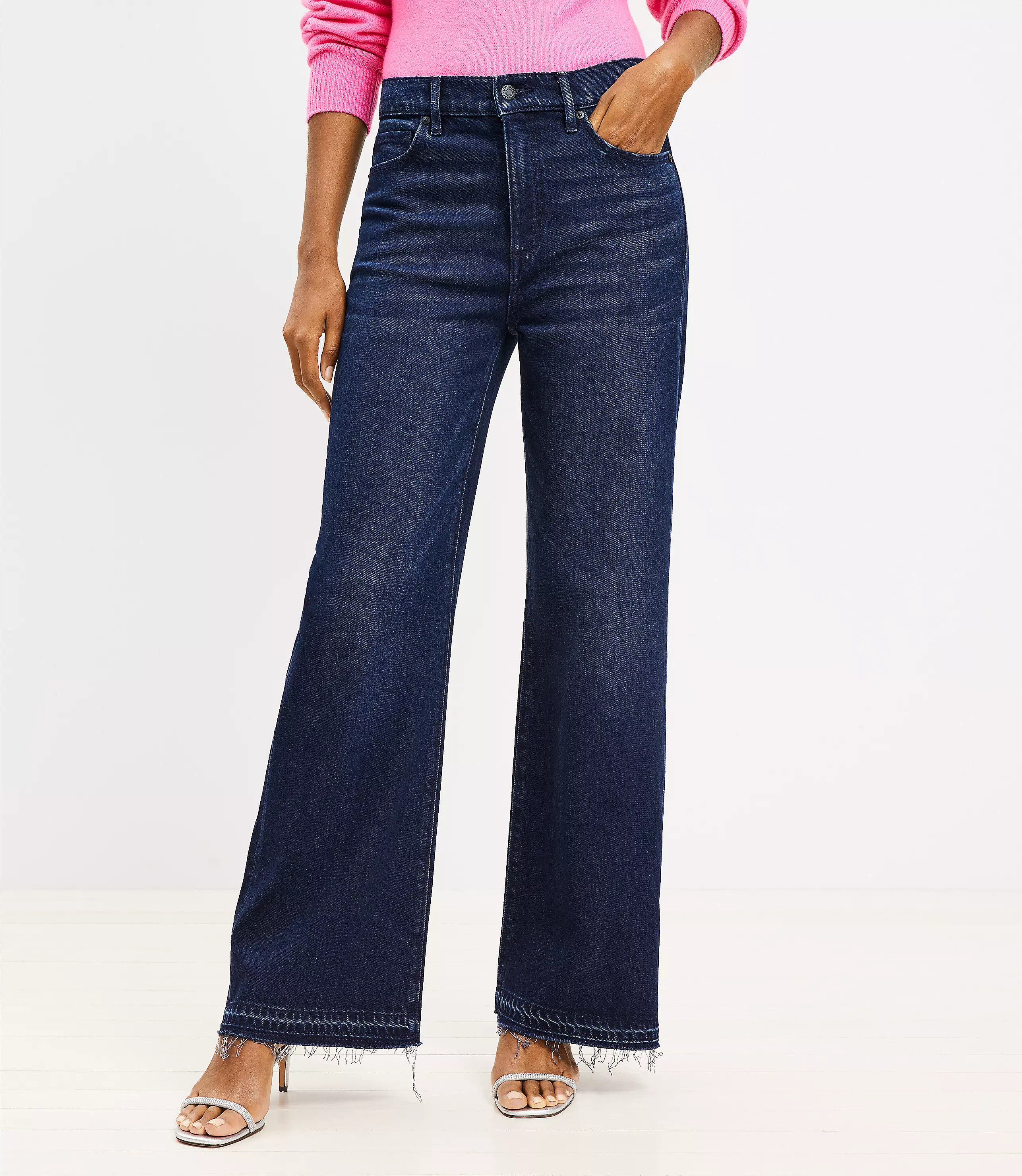 Petite Unpicked Hem High Rise Wide Leg Jeans in Rinse Overdye Wash | LOFT