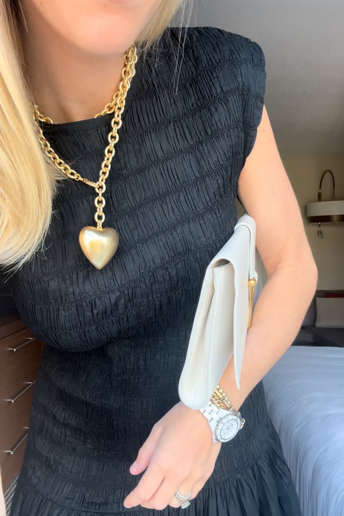 Outfit for rehearsal dinner - wedding weekend -little black dress - merlette drop waist black dress - gold heart necklace - gold accessories 

#LTKWedding #LTKSaleAlert #LTKU