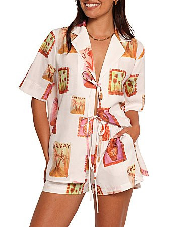 Petal Pup Aaliyah Abstract Postcard Point Collar Tie Front Coordinating Top - S | Dillard's