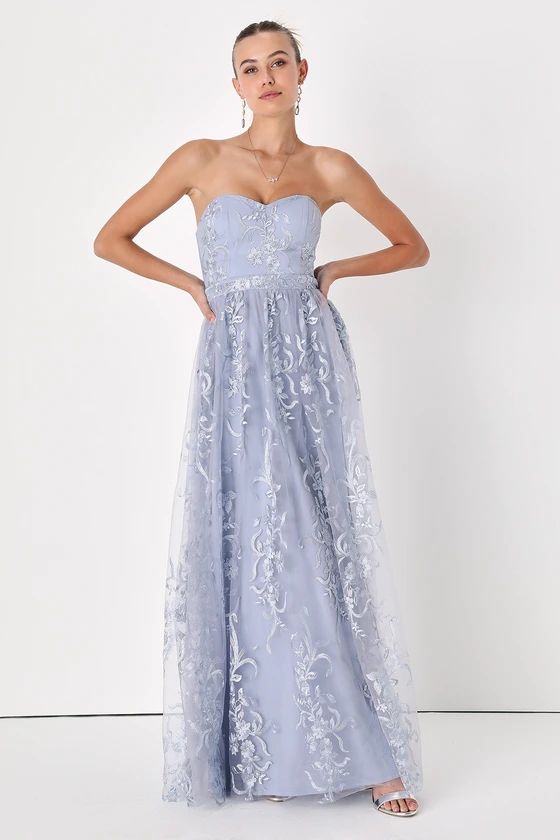 Andria Slate Blue Embroidered Strapless Maxi Dress | Lulus (US)