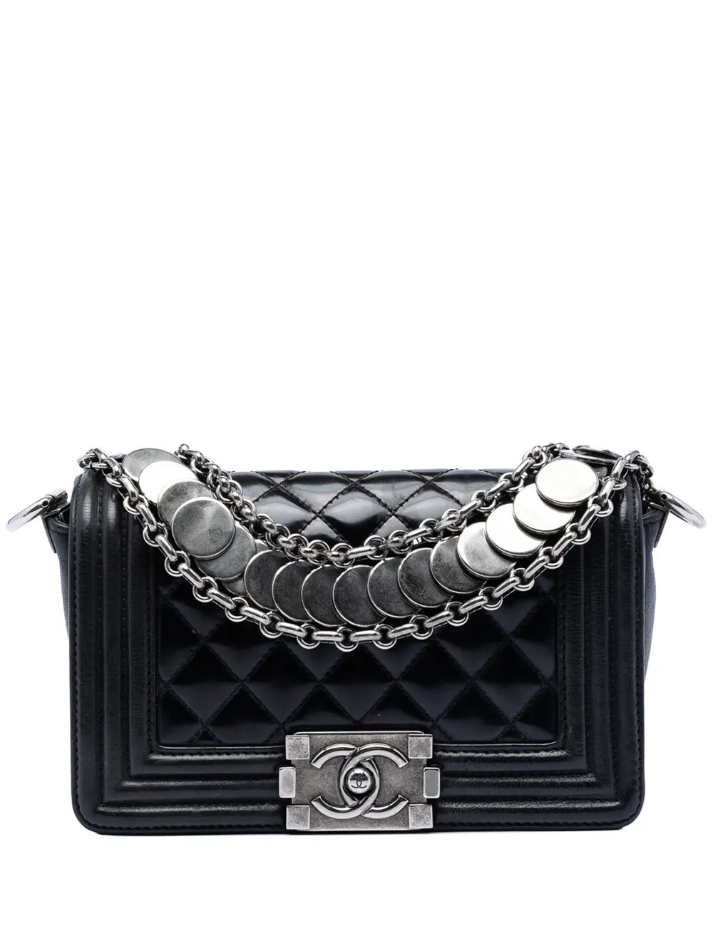 CHANEL Pre-Owned 2012 Paris Bombay Small Quilted Patent Medallion Embellished Boy Flap satchel - Black | Farfetch Global