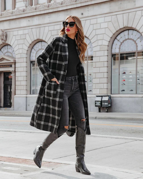 Francesca Plaid Pocketed Coat - Black | VICI