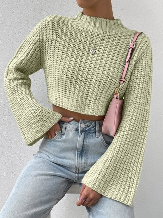SHEIN Qutie Mock Neck Trumpet Sleeve Crop Sweater | SHEIN