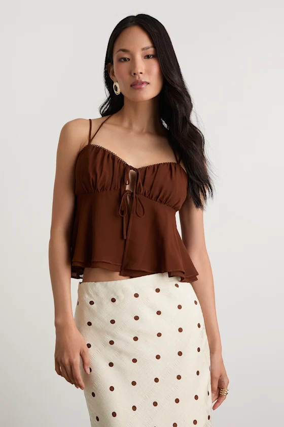 Yasha Brown Tie-Front Babydoll Cami Top | Lulus