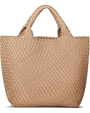 Womens Vegan Leather Woven Bag with Purse, Fashion Handmade Beach Tote Bag Top-handle Handbag | Amazon (US)