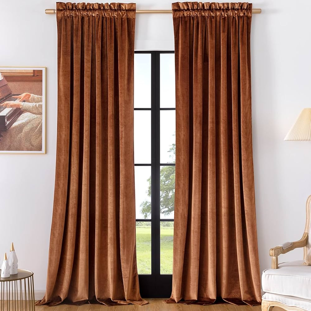 Timeper Burnt Orange Velvet Curtains - 96 inches Long Luxury Window Treatment Light Blocking Priv... | Amazon (US)