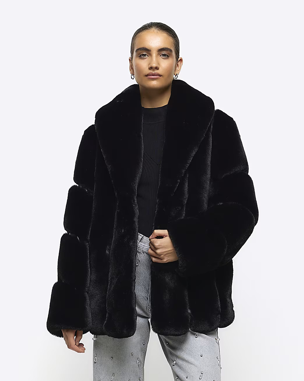 Black panelled faux fur coat | River Island (US)