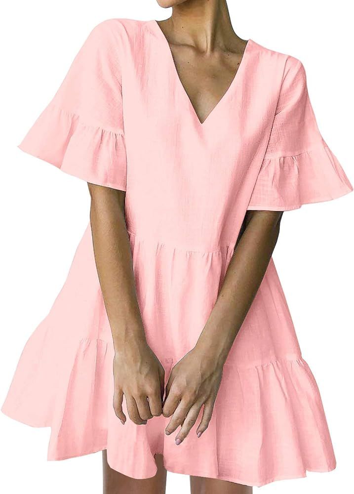 FANCYINN Women’s Cute Shift Dress with Pockets Bell Sleeve Ruffle Hem V Neck Loose Swing Tunic Mini  | Amazon (US)