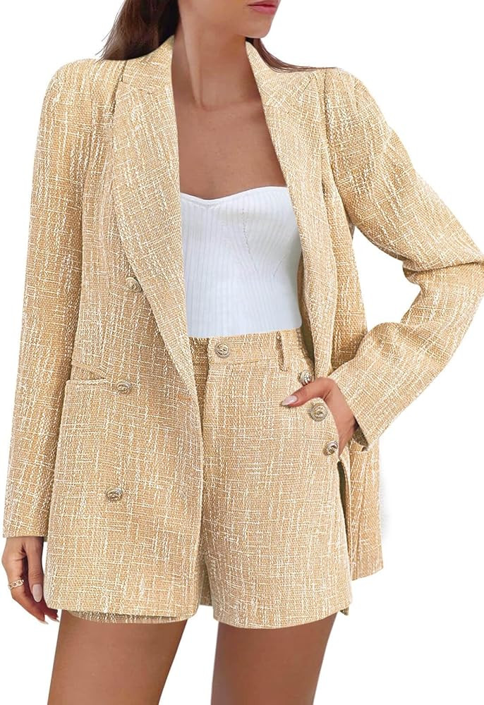 Cicy Bell Womens 2 Piece Tweed Blazer Shorts Sets Long Sleeve Double Breasted Suit Jackets Busine... | Amazon (US)